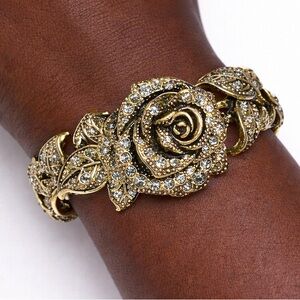 Heidi Daus Rose Rhinestone Hinged Cuff Bracelet  Floral Statement Bracelet